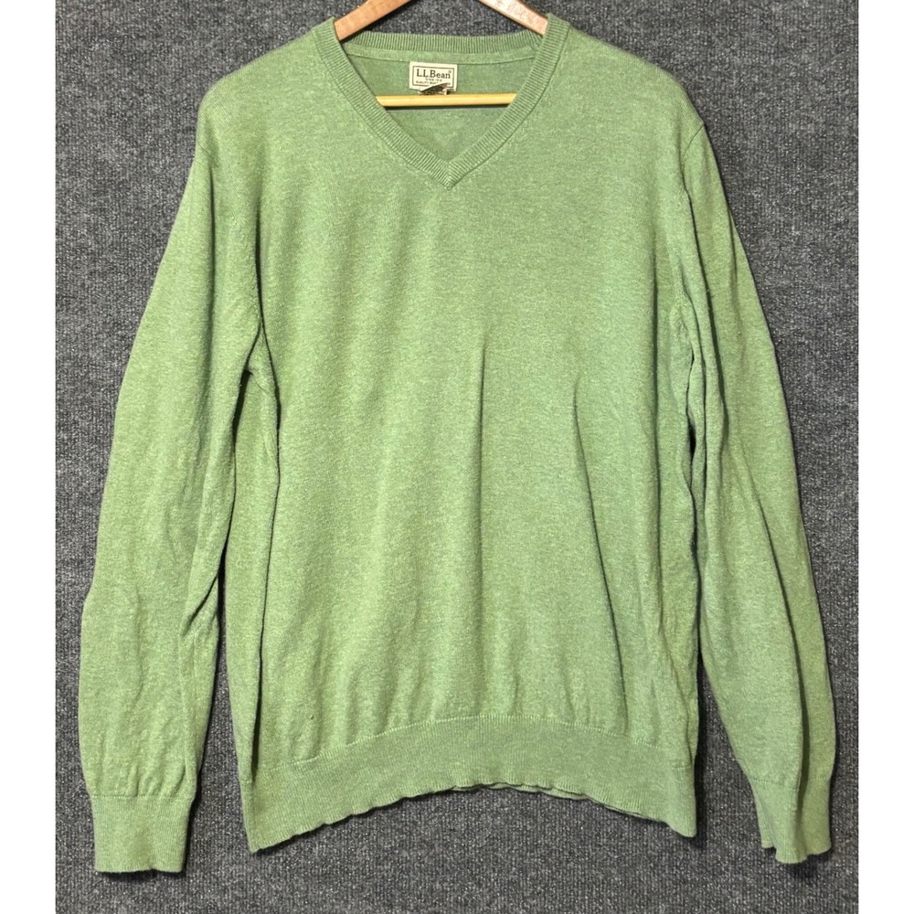 LL Bean‎ Mens V-Neck Sweater Green Cotton Cashmere Blend Large 274603